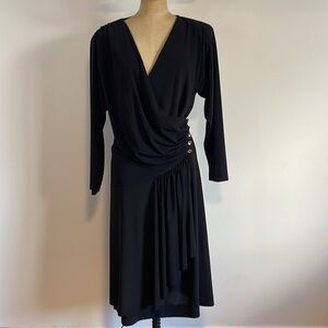 VTG Nuit Black Dress 8 Draped V-Neck Long Sleeve 90s Rhinestone Midi LBD